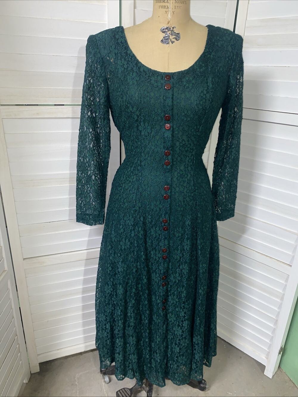 Vintage 90s Joni Blair Whimsigoth Green Maxi Lace Dress Over Slip Tie Back Med